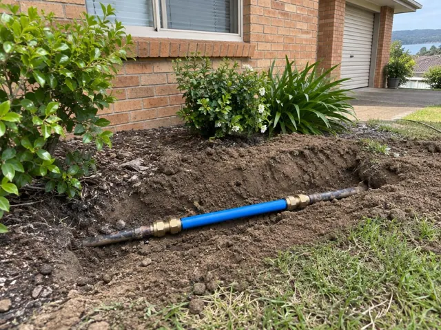 Repaired water pipe section in a trench beside a brick house and garden in Eleebana
